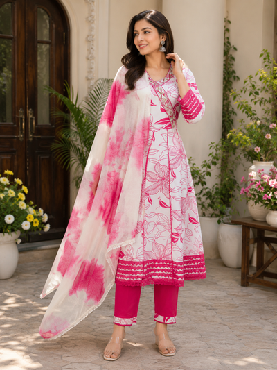 Pink Floral Print Anarkali Suit Set