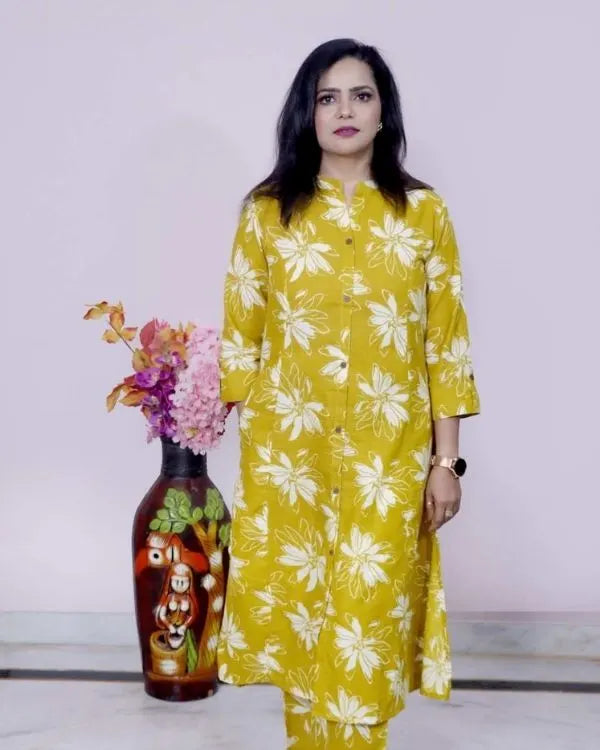 Mustard Yellow Floral Printed Kurta Set