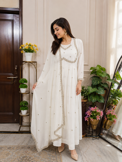 Ivory Anarkali Suit Set with Gold Thread Embroidery