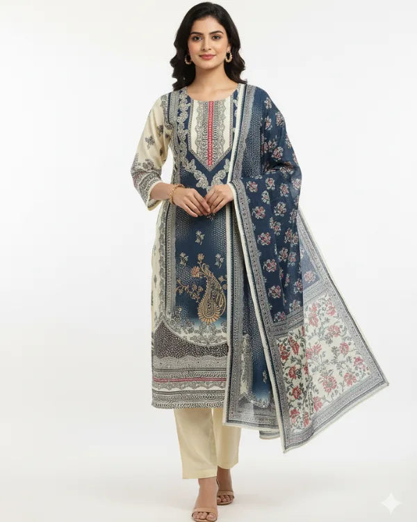 Cream & Navy Printed Cotton Suit Set with Dupatta