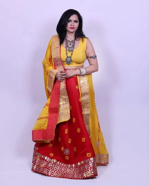 Red Lehenga with Yellow Bandhani Dupatta & Blouse Piece