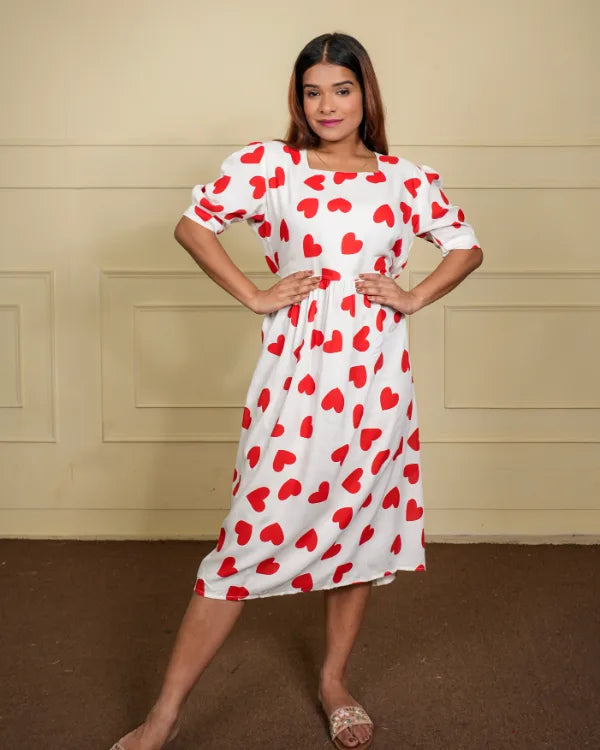white red heart dress White and Red Heart Print Casual Dress