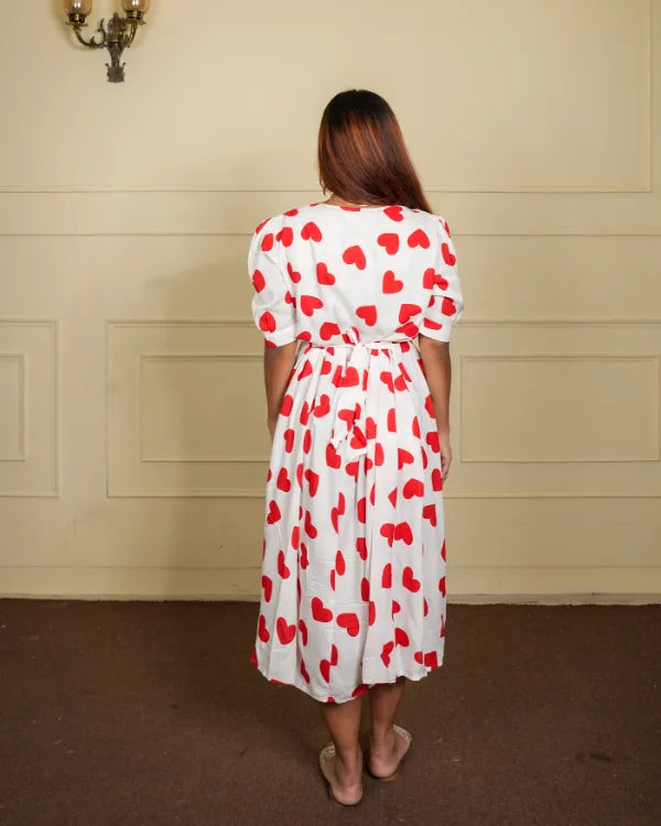 White and Red Heart Print Casual Dress White and Red Heart Print Casual Dress