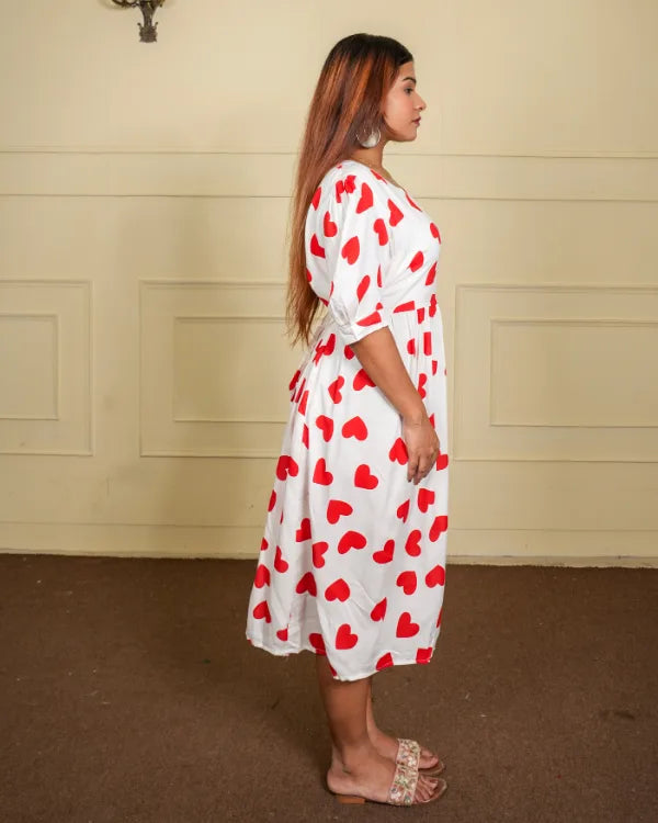 White and Red Heart Print Casual Dress White and Red Heart Print Casual Dress
