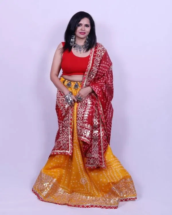 Yellow Bandhani Printed Lehenga with Blouse Piece & Contrast Dupatta