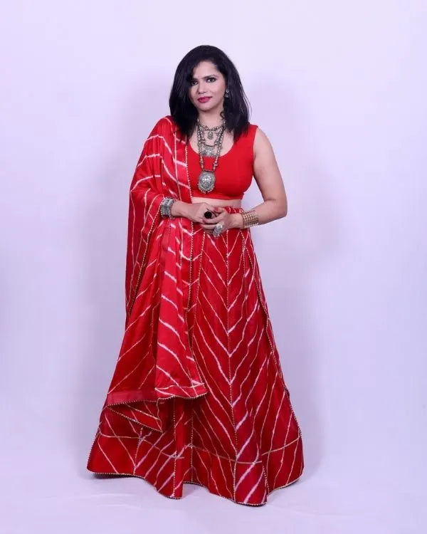 Red Bandhani Print Lehenga with Dupatta & Blouse Piece