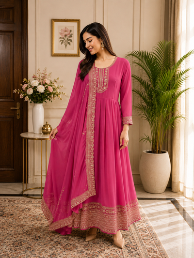 Gajari Pink Anarkali Suit Set with Golden Embroidery