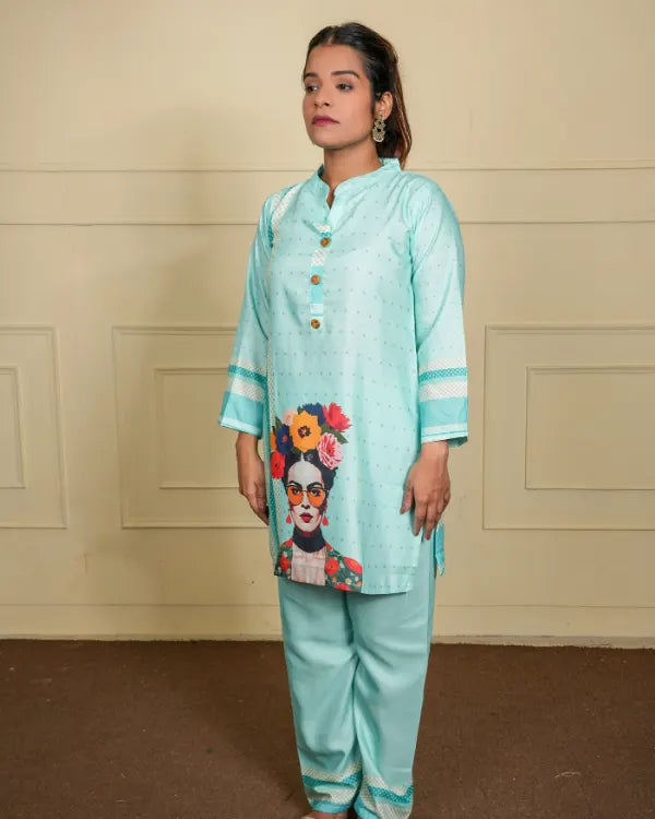 Aqua Blue Pop Art Kurta – Frida Edition