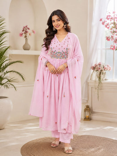 Pink Anarkali Kurta with Pant & Dupatta Set