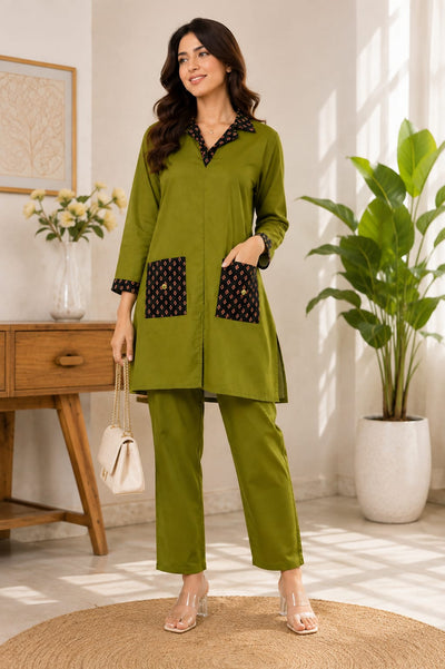 Olive Green Longline Kurta with Trouser Co-ord Set