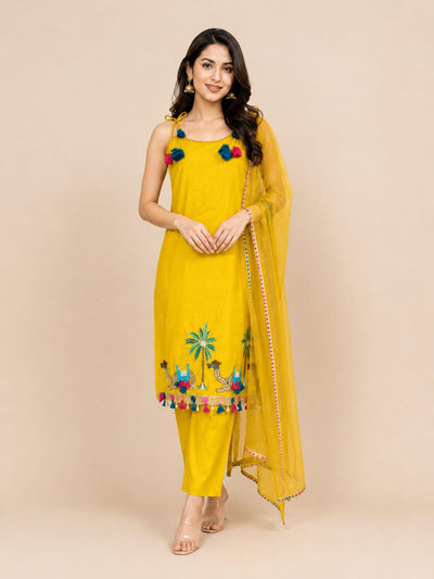 Yellow Embroidered Kurta Pant Dupatta Suit Set