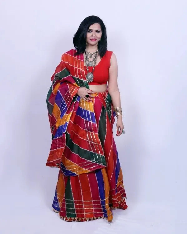 Multi-Color Striped Lehenga with Blouse Piece & Dupatta