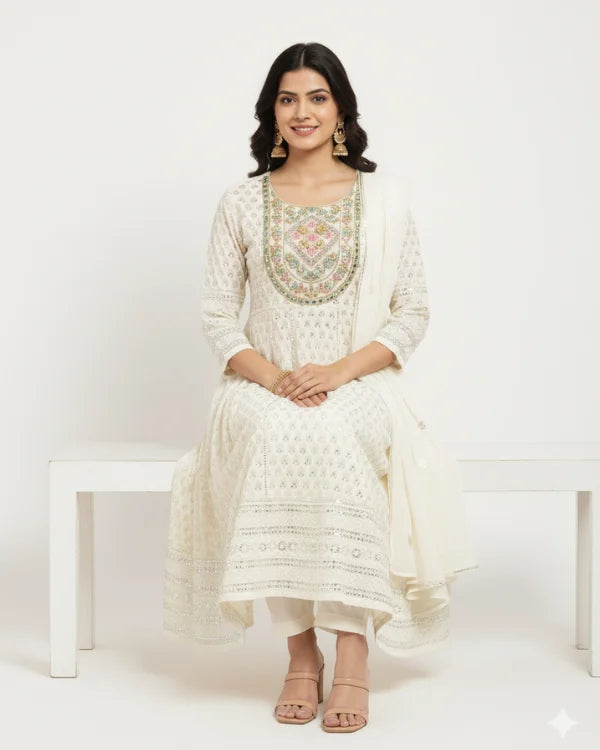 White Anarkali Suit Set with Dupatta