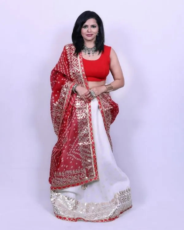 White Lehenga with Red Bandhani Dupatta & Blouse Piece