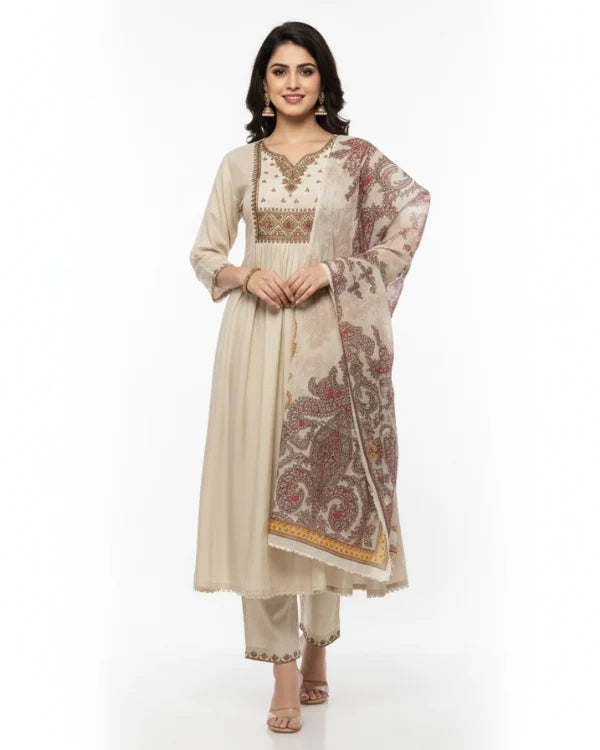 Beige Embroidered Kurta Set with Printed Dupatta