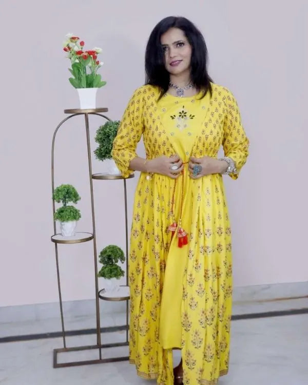 Yellow Printed Maxi Gown with attached Printed Overlay Set