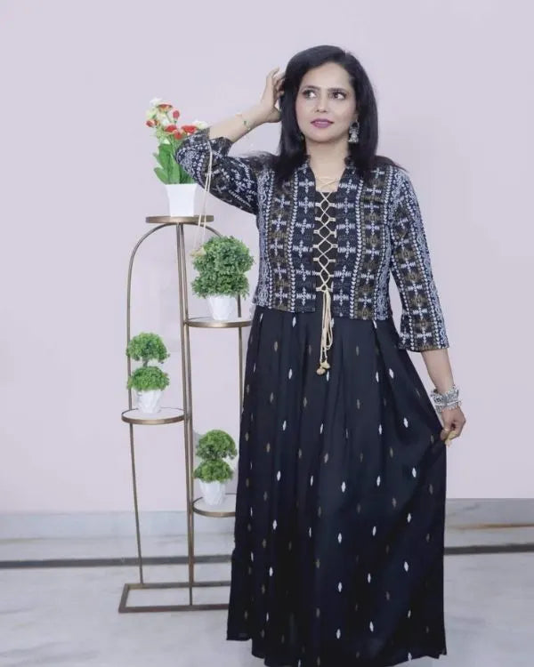 Black Printed Maxi Gown with Jacket Set