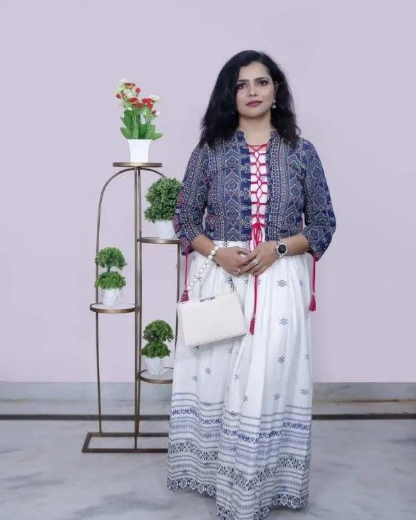 White & Navy Blue Ethnic Printed maxi gown with Jacket