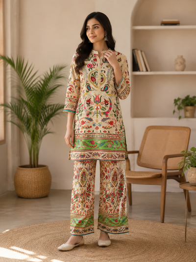 Beige Floral-Paisley Printed Kurta with Palazzo Set
