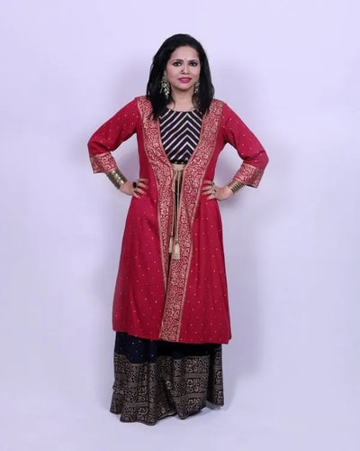 Maroon Jacket Style Suit Set with Palazzo
