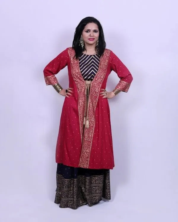 Maroon Jacket Style Suit Set with Palazzo