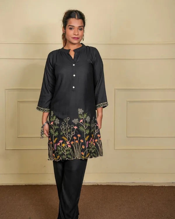 Black Floral Embroidered Co-ord Set