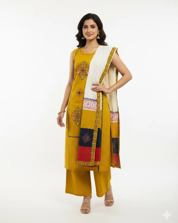 Mustard Yellow Printed Kurta Set with Contrasting Dupatta