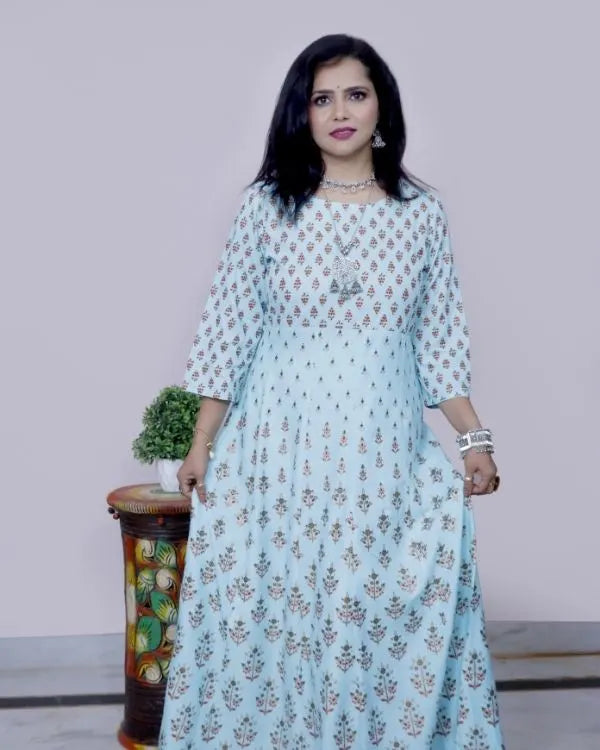 Mint Green Printed Flared Maxi Gown Dress