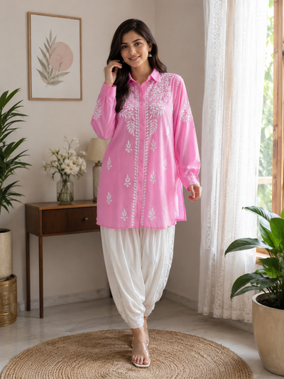 Pink Chikankari Kurti with Dhoti Set