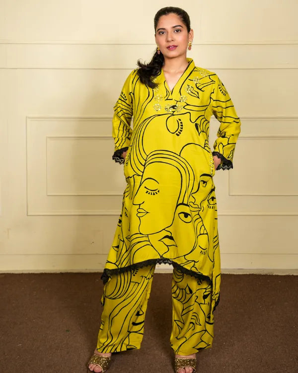 Mustard Yellow Artistic Face Print Co-ord Set with Embellished Neckline