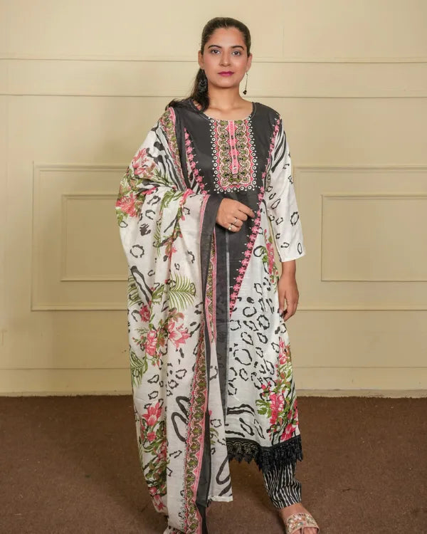 Floral Printed Kurta Set with Black Striped Pants & Embroidered Neck Detail