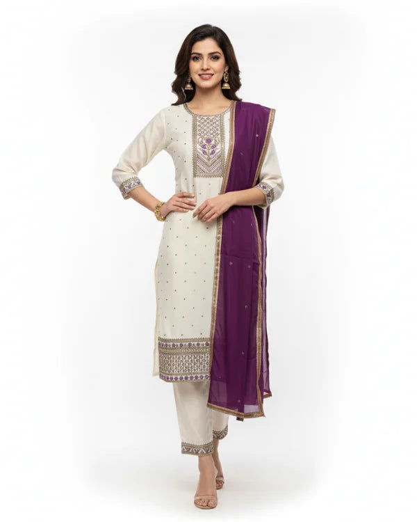 White Embroidered Kurta Set with Contrast Purple Dupatta
