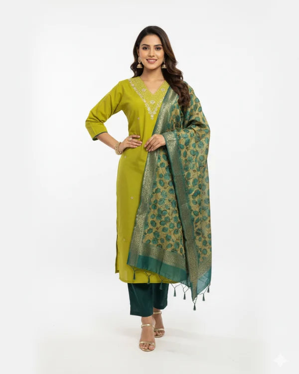 Mustard Yellow Embroidered Kurta Set with Contrast Teal Dupatta