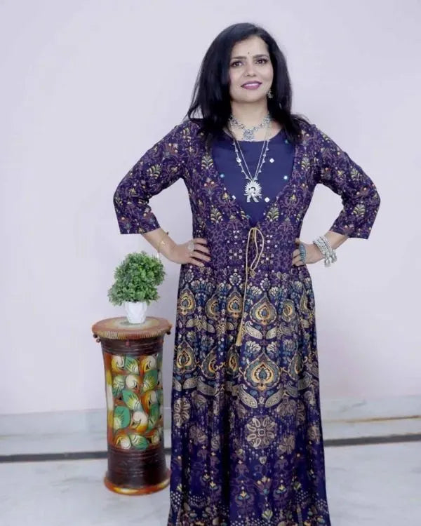 Navy Blue Printed Maxi Gown with Tassel Tie-Up