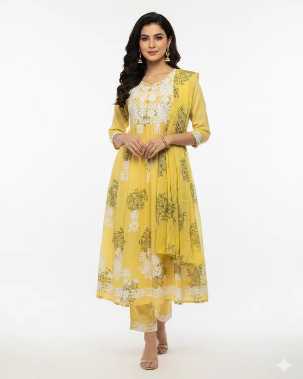 Yellow Printed & Embroidered Kurta Set with Matching