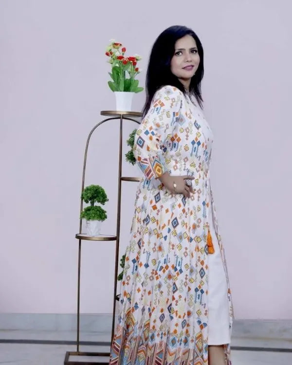 Peach Printed Maxi Gown with attached Printed Overlay Set