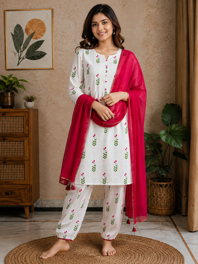 White Floral Print Farsi Salwar Suit with Maroon Pink Dupatta
