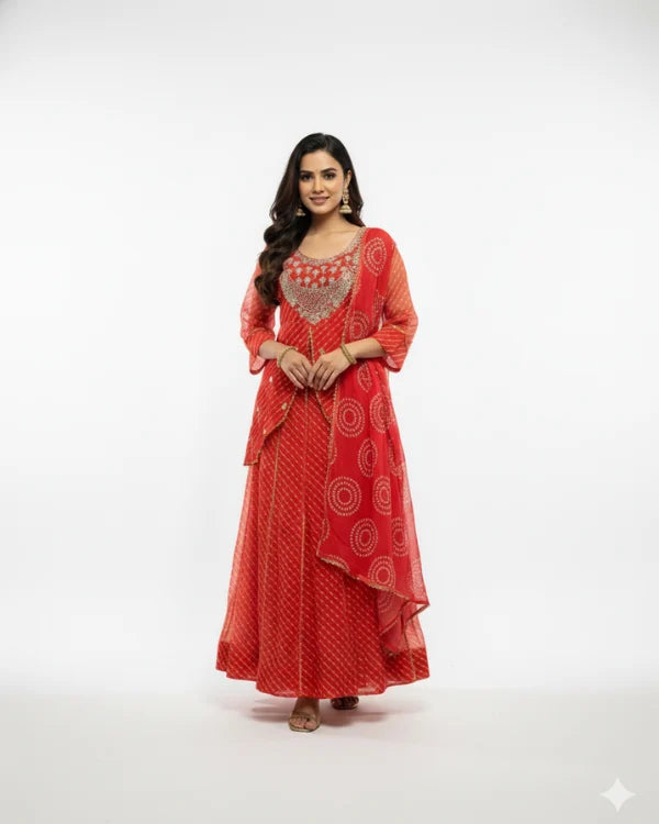 Orange Bandhani Anarkali Suit Set with Dupatta