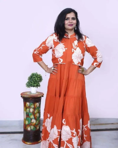 Rust Orange Floral Printed Flared Maxi Dress