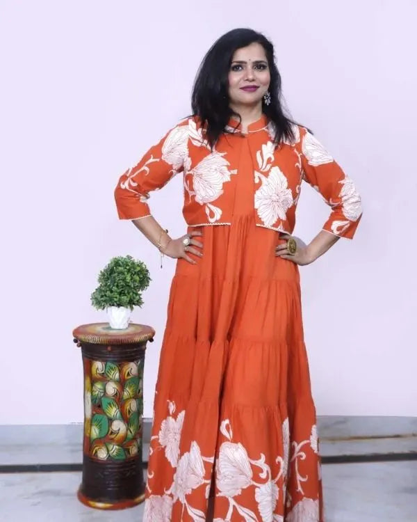 Rust Orange Floral Printed Flared Maxi Dress