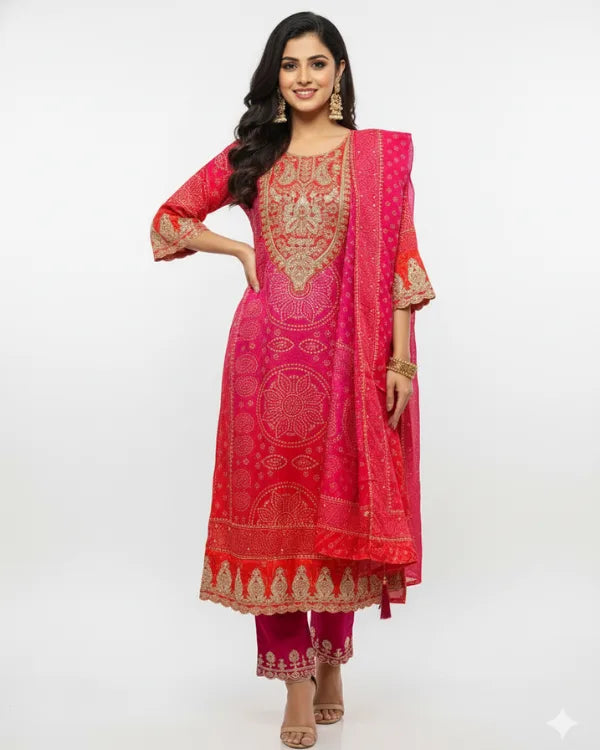 Pink & Red Bandhej Suit Set with Dupatta