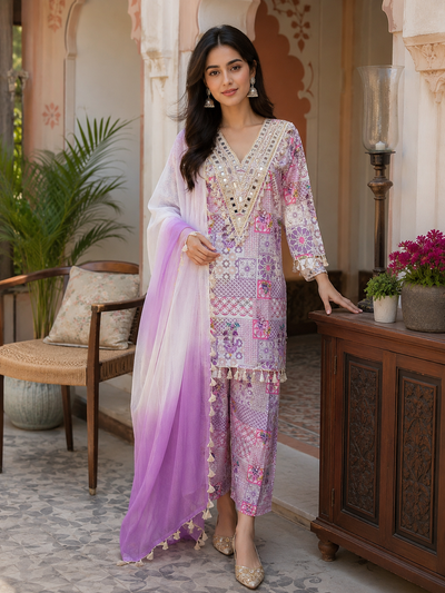 Lavender Mirror-Work Kurta with Pant & Dupatta Set