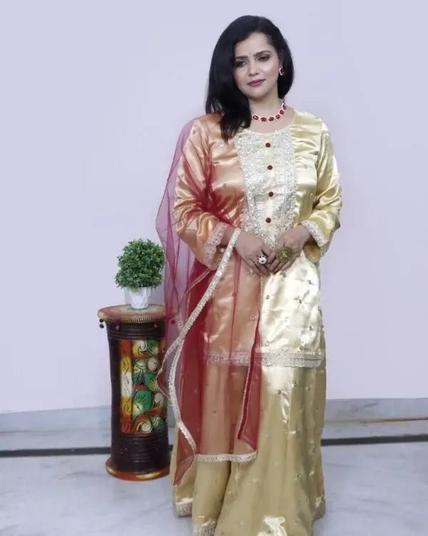 Golden Silk Embellished Kurta Set with Dupatta