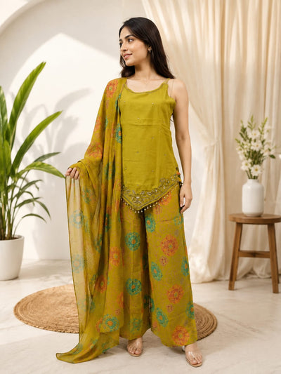 Mustard Embroidered Kurti with Palazzo Dupatta Set