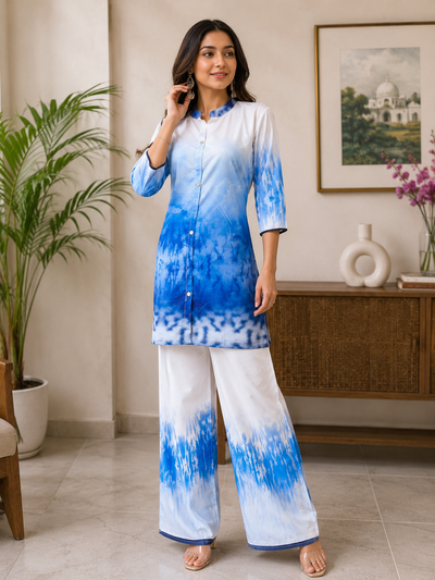 Blue & White Tie-Dye Tunic with Palazzo Co-ord Set