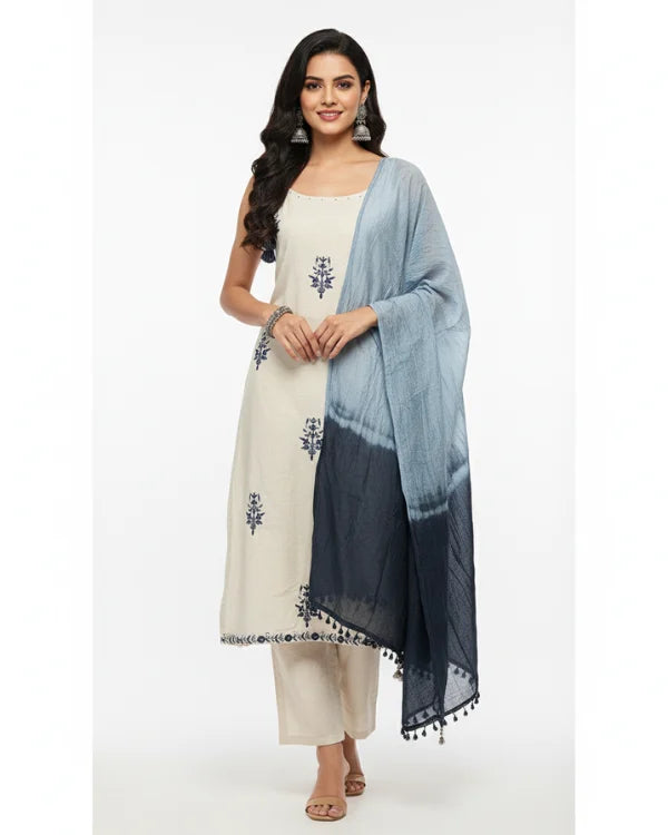 Cream & Blue Embroidered Cotton Suit Set with Dupatta