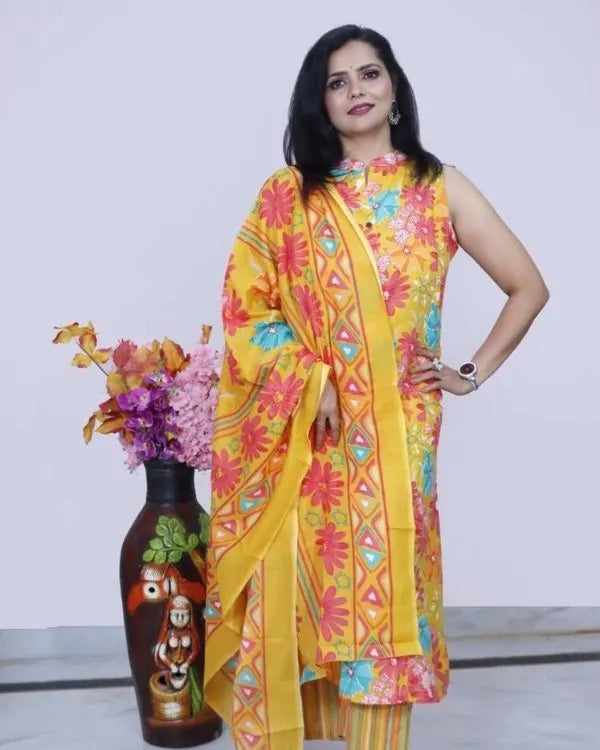 Yellow Multicolor Floral Printed Suit Set with Dupatta
