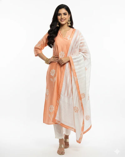Peach Floral Printed Kurta Set with Dupatta
