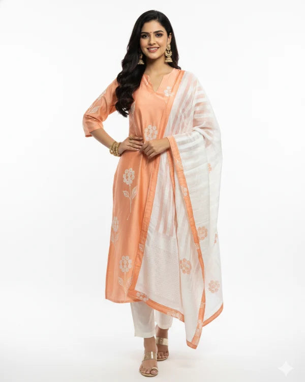 Peach Floral Printed Kurta Set with Dupatta