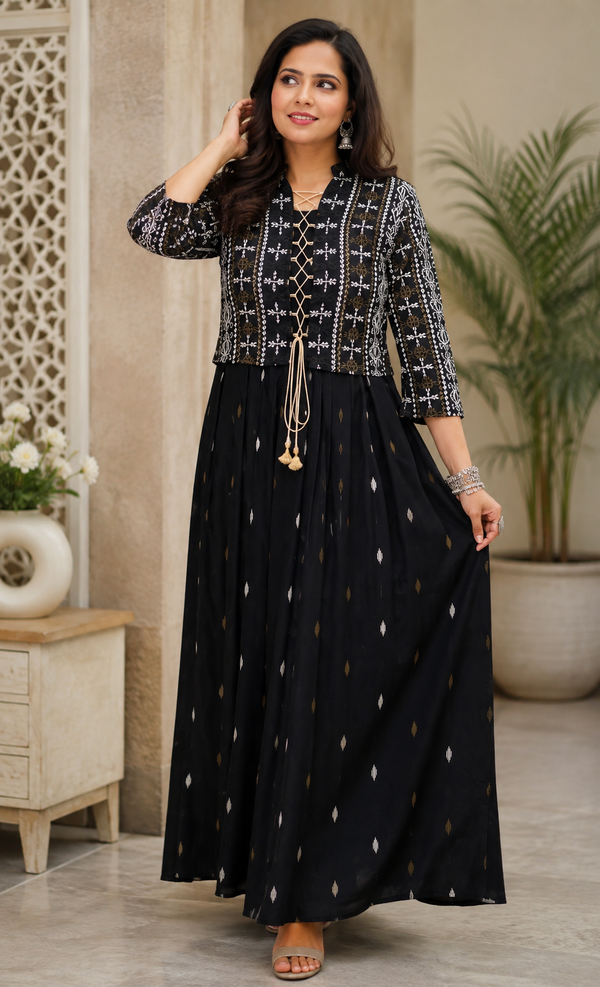 Black Printed Maxi Gown with Jacket Set